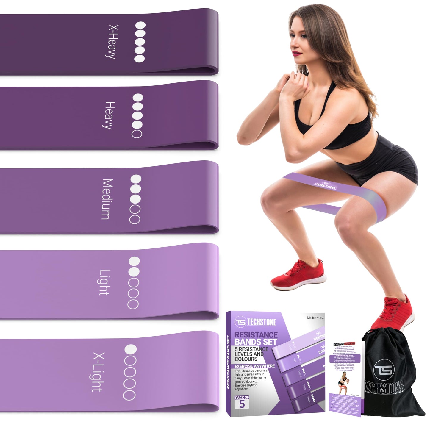 TechStone Resistance Bands Set for Men and Women, Pack of 5 Different Levels Elastic Band for Home Gym Long Exercise Workout – Great Fitness Equipment for Training, Yoga – Free Carrying Bag (Purple)