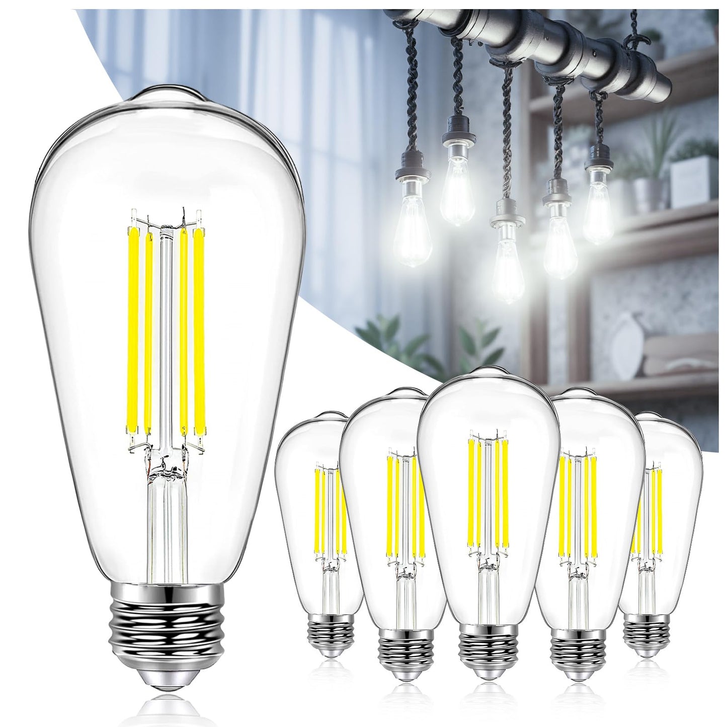 DAYBETTER Vintage LED Edison Bulbs, Dimmable 6W 800LM, Clear Glass, 6 Pack, Daylight White, Model QSND63 AUS-D1