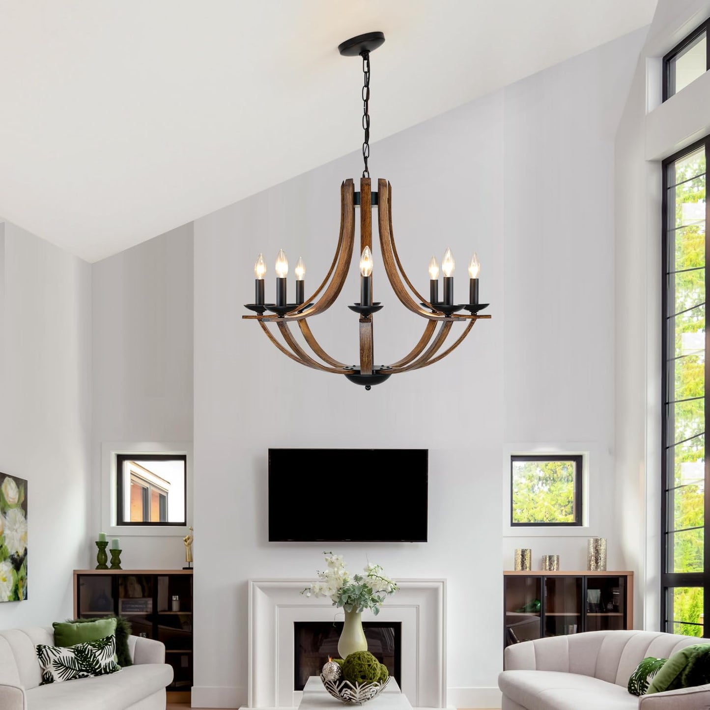 Lampkeduo Rustic 8-Light Chandelier Fixture, 28 Adjustable, Black & Faux Walnut, Model D9901-8 For Dining Room, Kitchen, Foyer