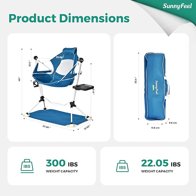 SUNNYFEEL Hammock Camping Chair, Oversized Swinging Camping Chair, Portable Hammock Chairs with Cup Holder, Beach Mat, MAX 300lbs Heavy Duty for Outdoor Travel Lawn Backyard Beach (Blue)