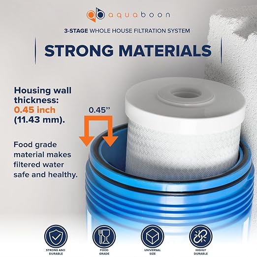 Aquaboon 3 Stage Whole House Water Filter System - w/Premium Polyphosphate & KDF Filters & CTO 5 Micron Water Filter 20" x 4.5" - w/Wrench, Steal Bracket & Pressure Gauges & Release Buttons (1" Port)