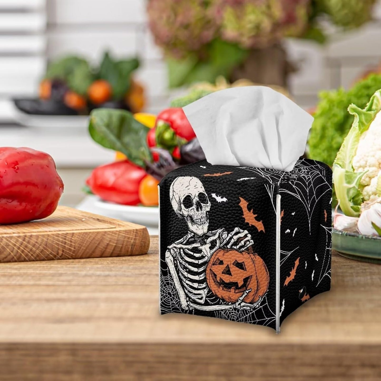 Halloween Tissue Holder for Bathroom Skull Pumkin Bat Spider Web Print Modern Decorative Tissue Box Case Organizer Holder with Bottom Belt Easy to Install Fits Square Tissues Box Covers
