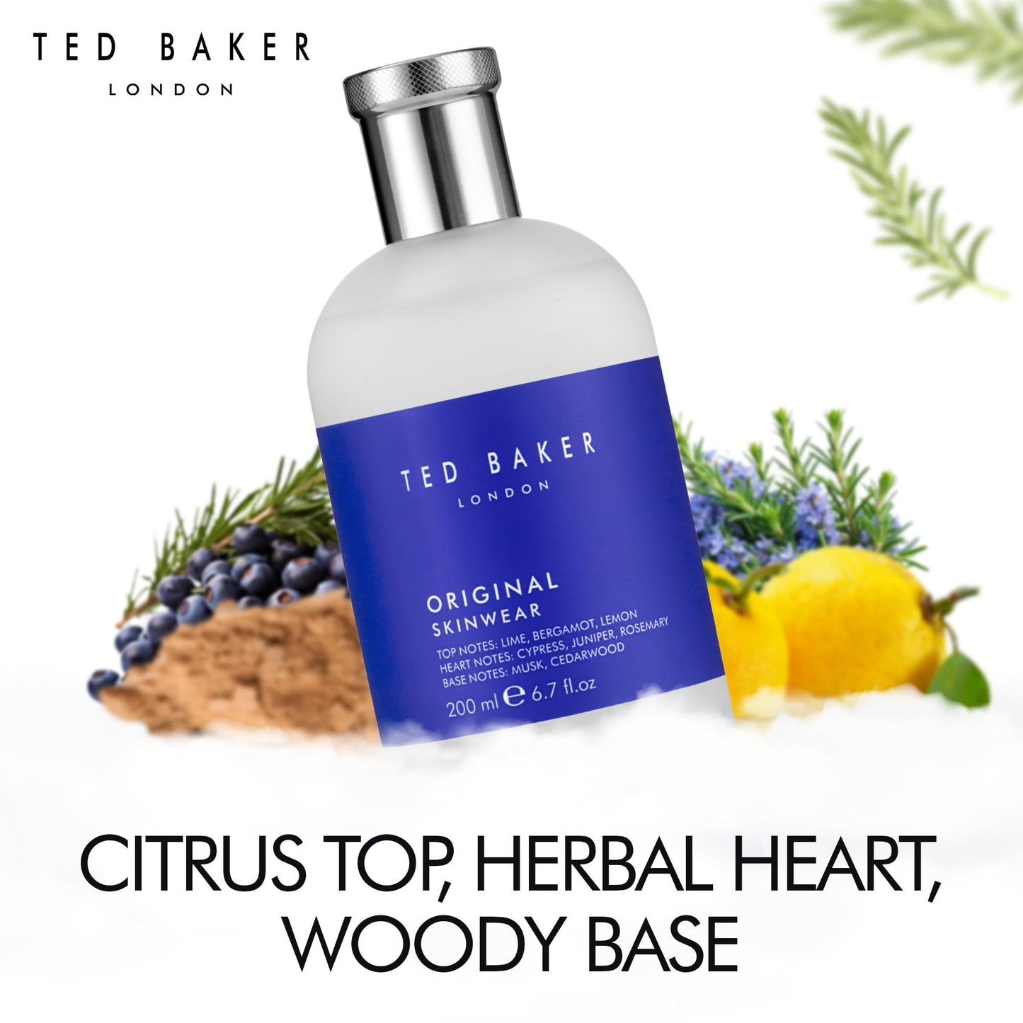 Ted Baker Skinwear EDT, woody masculine fragrance, zesty lime, bergamont and lemon top notes with sandalwood, amber and cedar ba