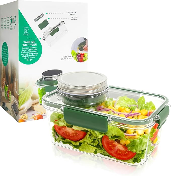 Upgrade Salad Container with Dressing Cup & Fork - Leakproof Airtight Salad Box, BPA-Free & Dishwasher Safe, 8.27×5.5×4.33in Compact Meal Prep Container for Office/Picnic (Green)