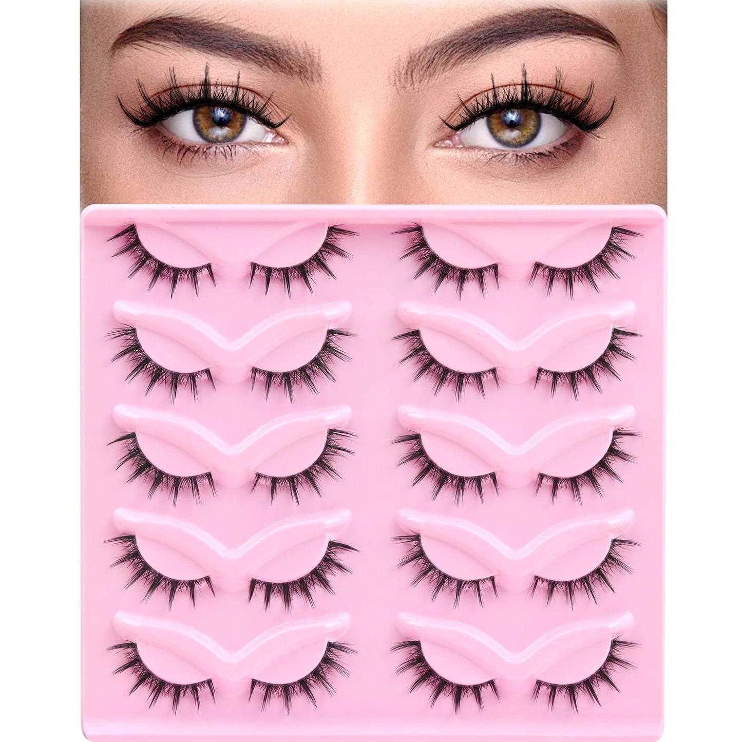Ahrikiss Anime Lashes Manga Lashes False Eyelashes Doll Eye Natural 3D Spiky Lash Wispy Faux Mink Cat Eye Lashes Clear Band Stri
