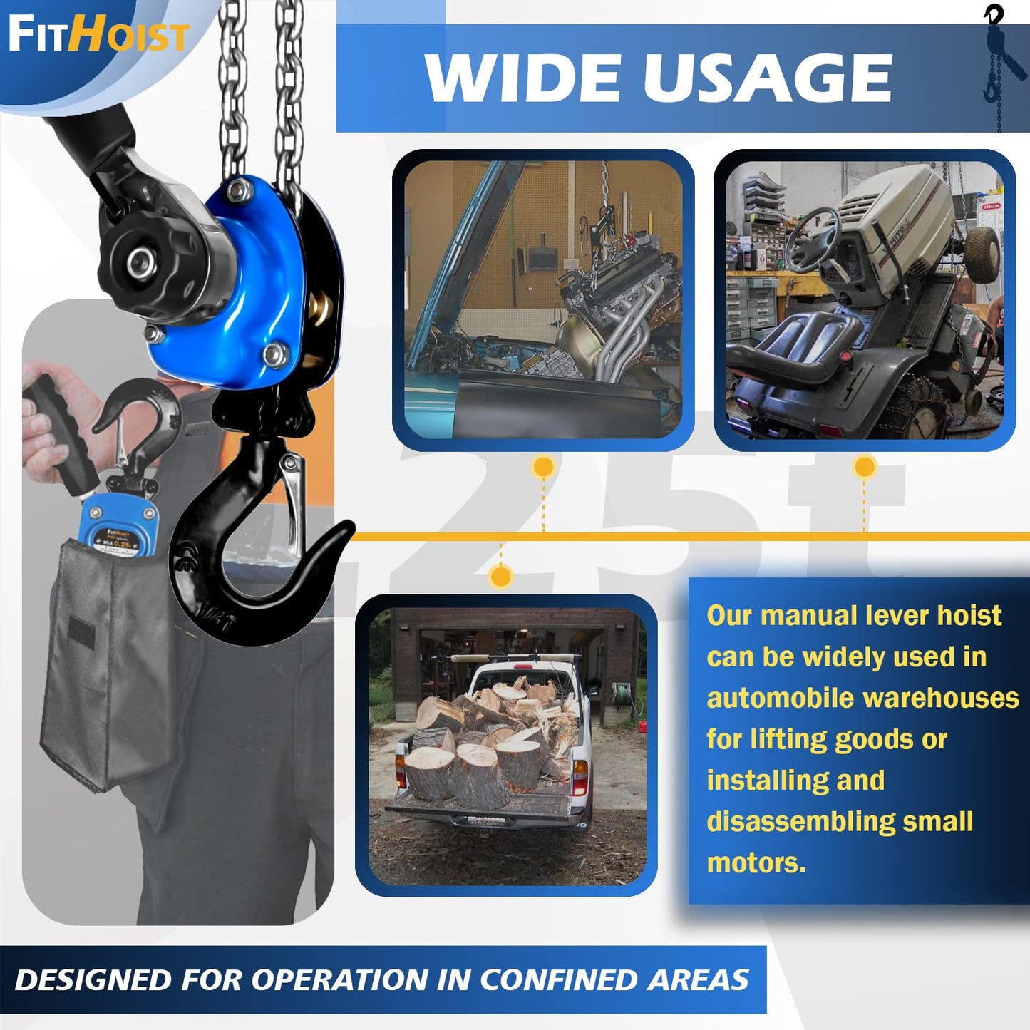 FITHOIST Mini Chain Hoist 1/4 ton 550Lbs Capacity 10ft Lift Small Come Along Alloy Steel G80 Chain 2 Heavy Duty Hooks, Manual lever chain hoist for Garages Warehouse Automotive Machinery
