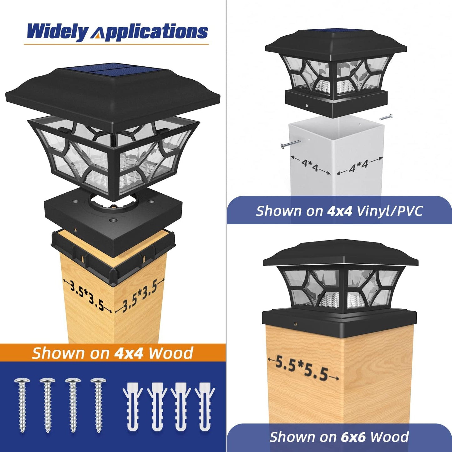 APONUO Solar Post Cap Lights 12 Pack, IP64 Waterproof, 1000mAh Battery, Plastic, Black, Fits 4x4 5x5 6x6 Fences