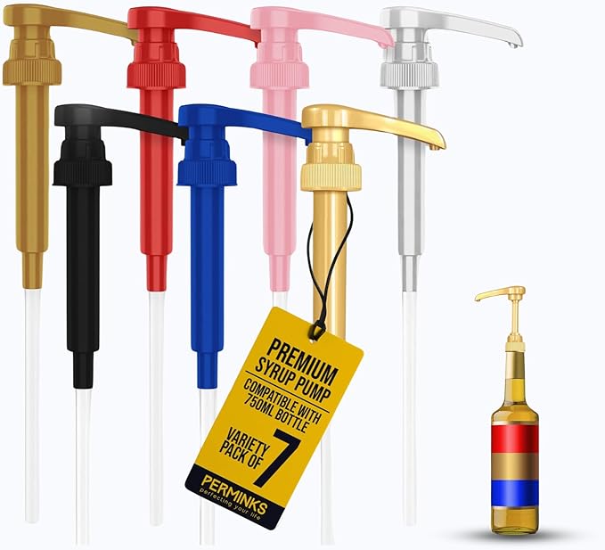Syrup Pumps (Variety Pack of 7 colors) Compatible with Torani & Davinci 750ml Bottles-Ideal Coffee Syrups，Snow Cones，Flavorings，Coffee Bar Accessories-No Clogging，Spilling or Dripping