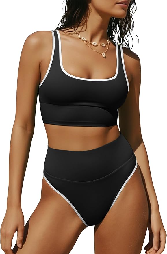 ANRABESS Women's High Waisted Bikini Sets Two Piece Tummy Control Swimsuits High Cut Summer Beach Vacation Bathing Suits