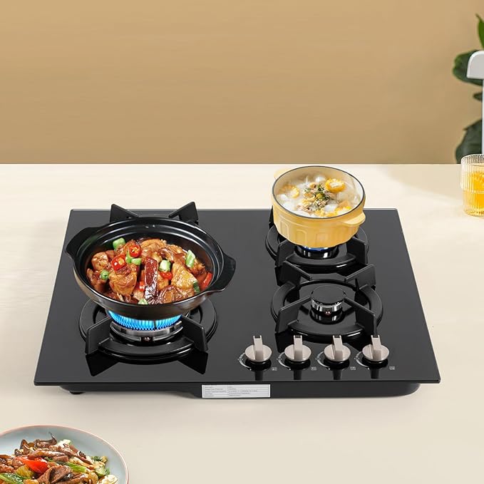 4-Burner NG Stove, Built-in Countertop Gas Stove with Tempered Glass, Electronic Pulse Ignition, High Precision Fire Control, and Detachable Pot Brackets