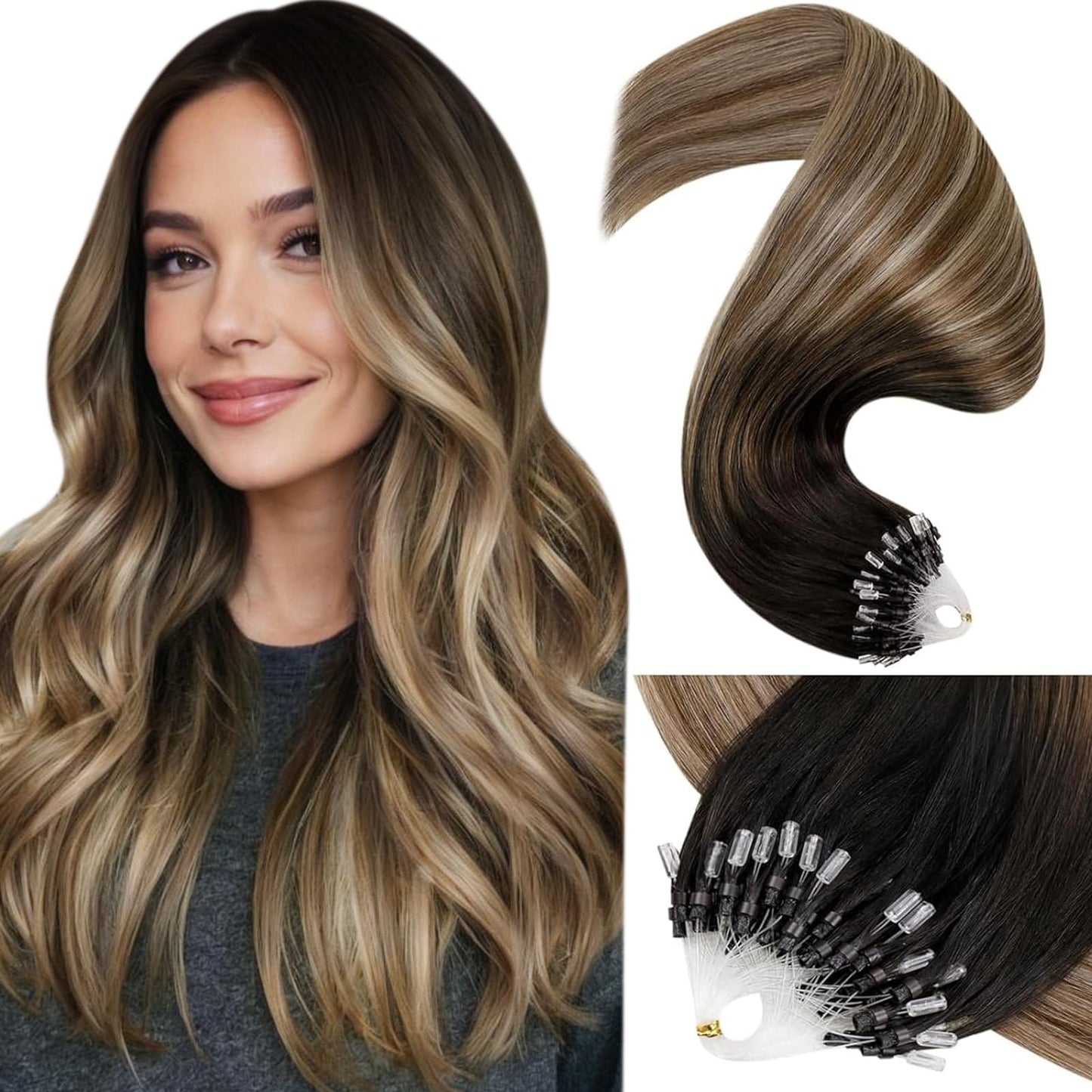 LaaVoo Micro Ring Hair Extensions Human Hair Darkest Brown to Medium Brown with Ash Brown Micro Link Hair Extensions Human Hair