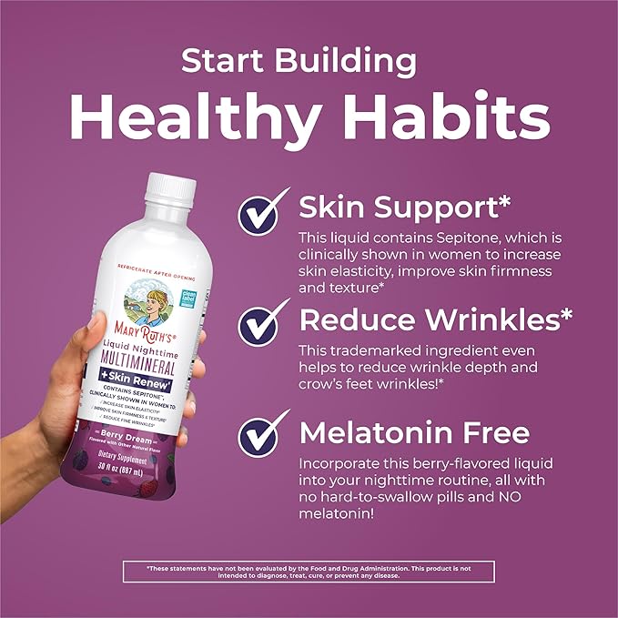 Liquid Nighttime Liquid Multimineral + Skin Renew for Women | Reduce Fine Wrinkles | Improve Skin Firmness | with Sepitone | NO Melatonin | Magnesium | Vegan | Sugar Free | 30 Servings