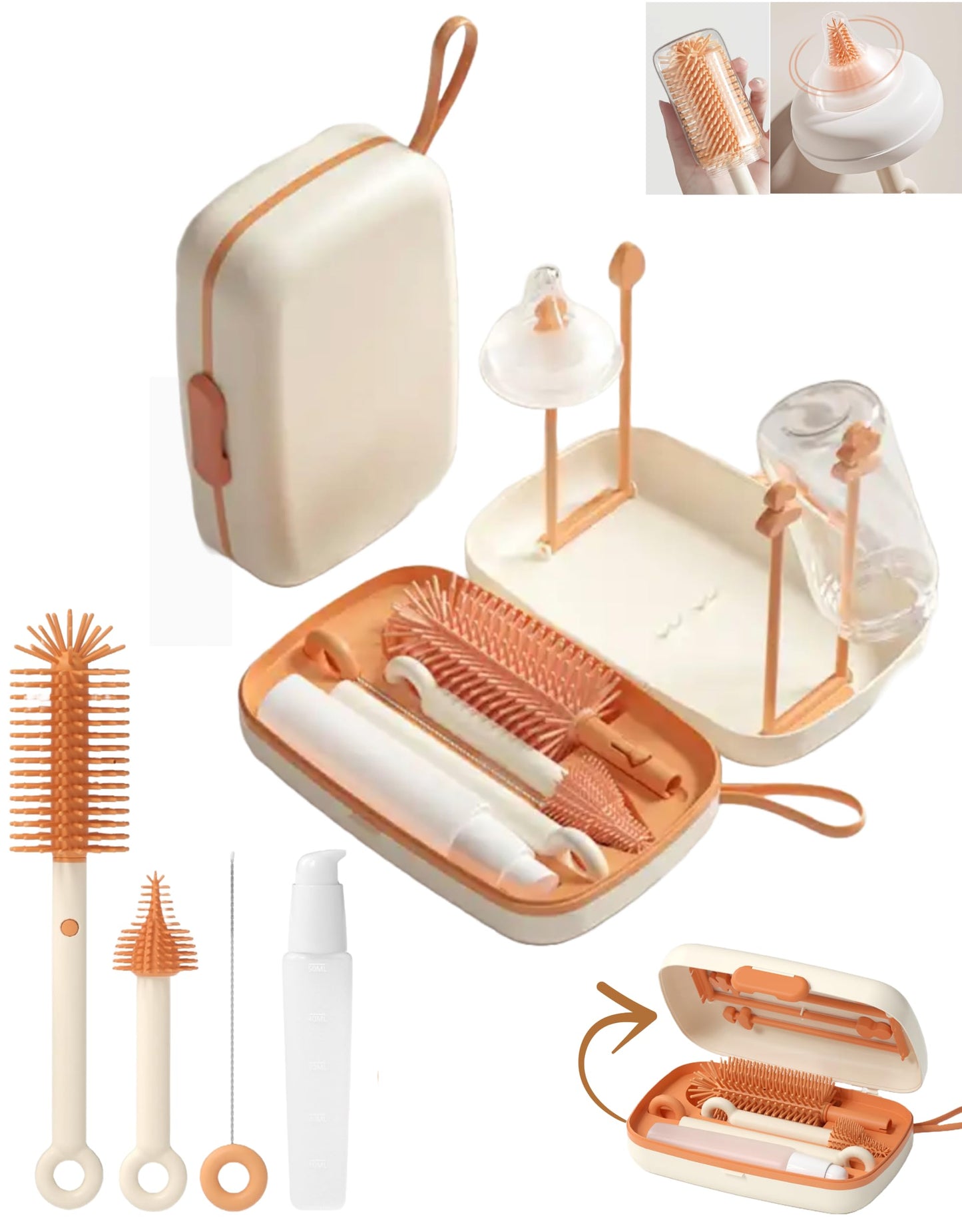 Travel Bottle Cleaner kit, 7in1 Baby Toddler Travel Essential Silicone Bottle Brush Set, Nipple, Drying Rack, Straw, & Breast Pump Cleaning, Soap Dispenser & Organizer Case, Gift for Mom (White)