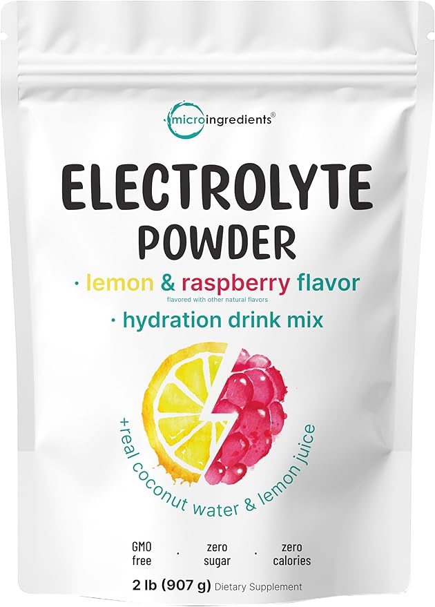 Micro Ingredients Electrolyte Powder, 2 lbs (139 Servings) | Lemon Raspberry Flavor | High Potassium (1,000mg) + Coconut W...