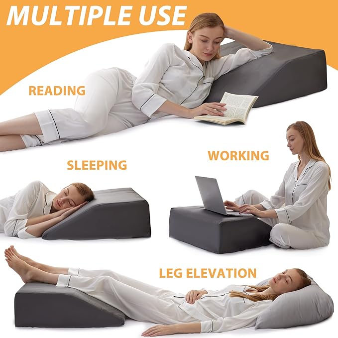 Leg Elevation Pillows, Leg Pillows for Sleeping, Cooling Gel Memory Foam Top, Wedge Pillow for Legs, Leg Wedges for Circulation, Swelling, After Surgery - Removable Cover (8 Inch, Grey)