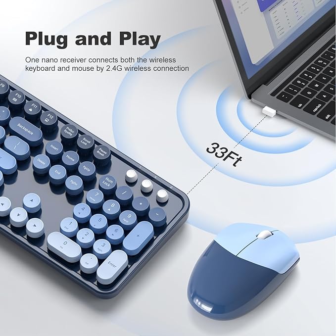MOFII Wireless Keyboard and Mouse Combo, Full-Size Retro Typewriter Keyboard with Round Keycaps, Ergonomic Design for Windows 7 8 10 11 PC Laptop, Home and Office Use -Blue