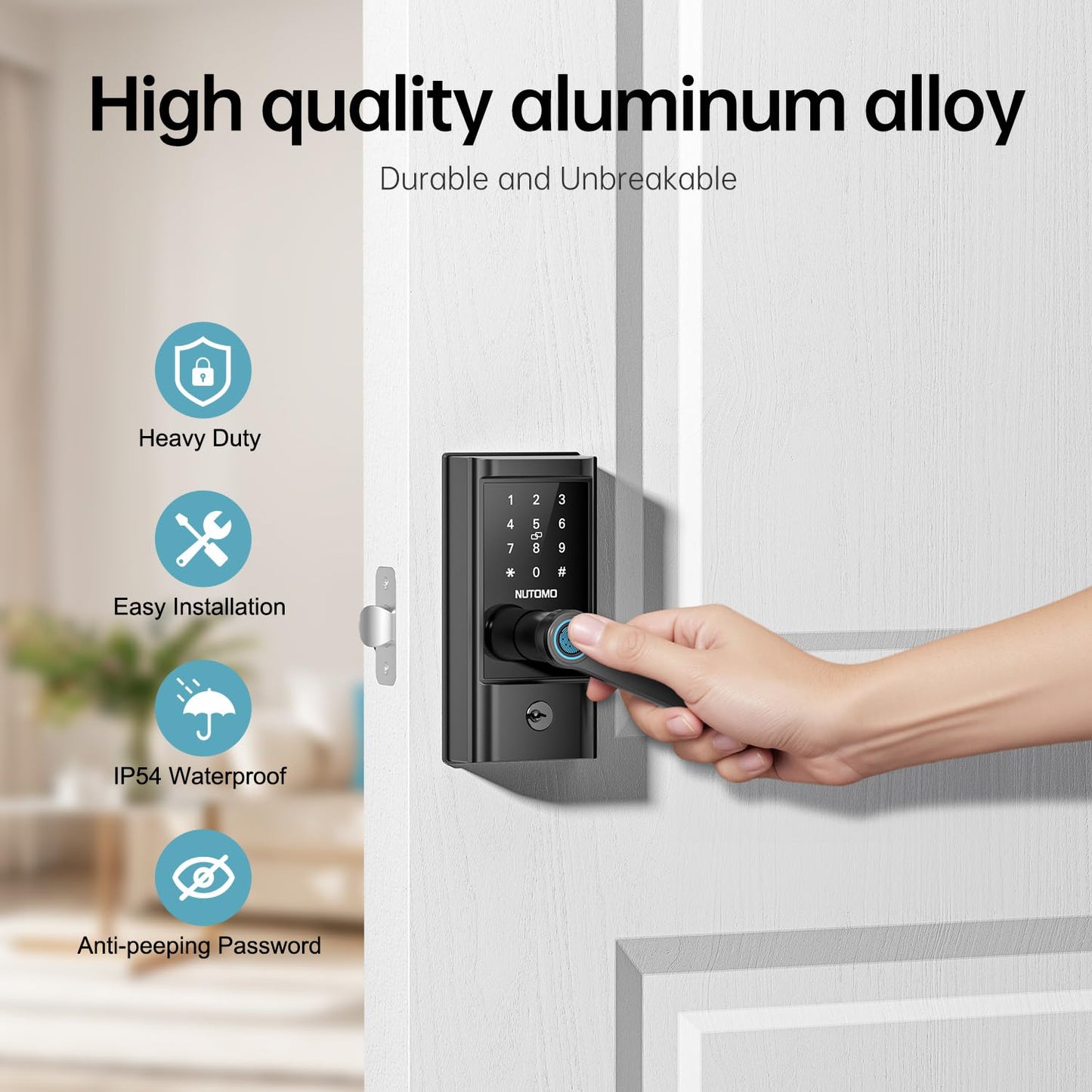 WiFi keypad Door Lock with Handle: NUTOMO keyless Entry doorlock deadbolt with Handle Set,Fingerprint Smart Lock for Front Door,Smart Electronic Deadbolt with Alexa/Bluetooth/App Control Black
