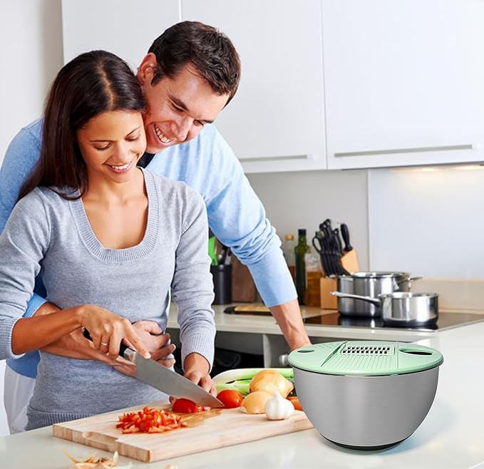 4.25 Qt Stainless Steel Salad Spinner Large, Salad Wash Bowl, Fruit & Vegetable Dryer, with 5-Blade Slicer, Egg Yolk Strainer and Shredder for Efficient Salad Preparation and Food Washing