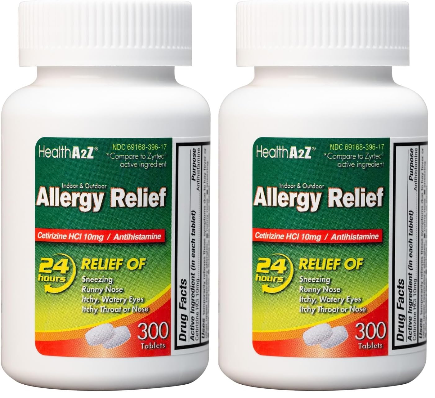 HealthA2Z® Allergy Relief | Cetirizine 10mg | All Day Allergy Relief | Indoor & Outdoor | Relief from Itchy Throat, Sneezing, Runny Noses (300 Count (Pack of 2))