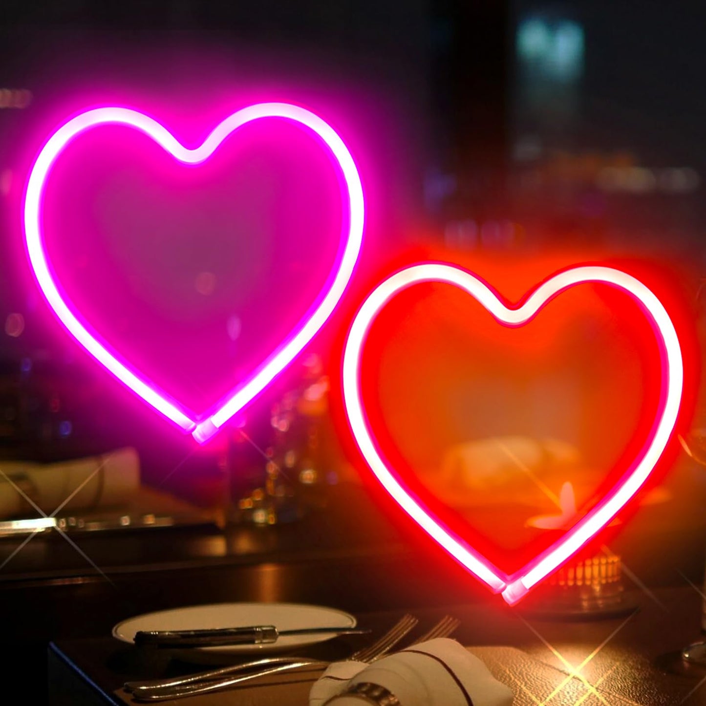 2-Pack Heart Neon Sign, Neon Heart Lights Battery Operated or USB Powered for Valentines Day Decorations, Valentines Lights for Wedding Proposal Anniversary Mothers Day Girls’ Room Decor (Pink & Red)