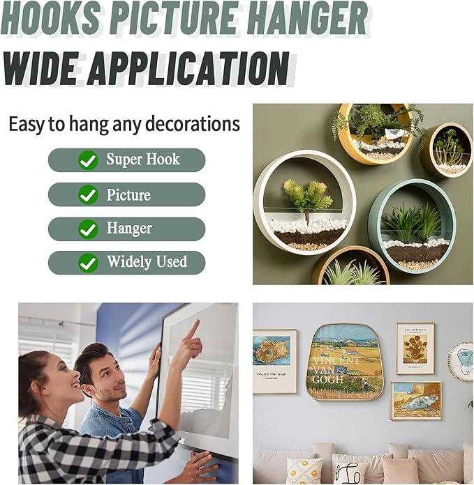 20pcs Super Hook Picture Hangers and Office Pack, Drywall Hooks for Hanging Pictures, Wall Hooks, Picture Hangers, Picture Hanging Kit，Hang Art, Clock, Shelves, Mirrors