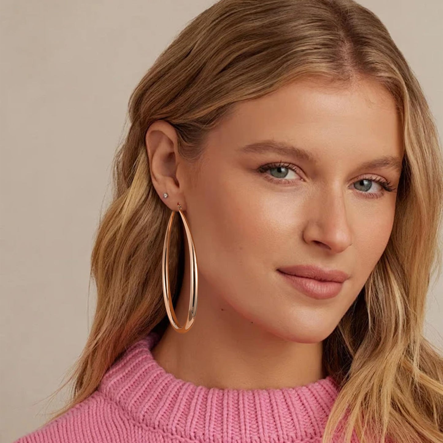Gacimy Rose Gold Chunky Hoop Earrings for Women, 14K Rose Gold Plated Oval Hoop Big Earrings with 925 Sterling Silver Post, 70mm