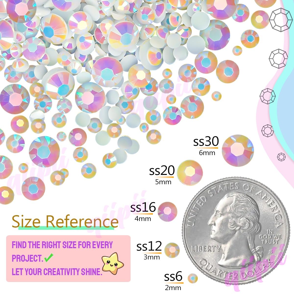 qiipii Resin Rhinestones for Bedazzling Crafting 3mm-6mm Light Pink Purple Blue Crystal Colorful Stones Gems Diamonds for Face E