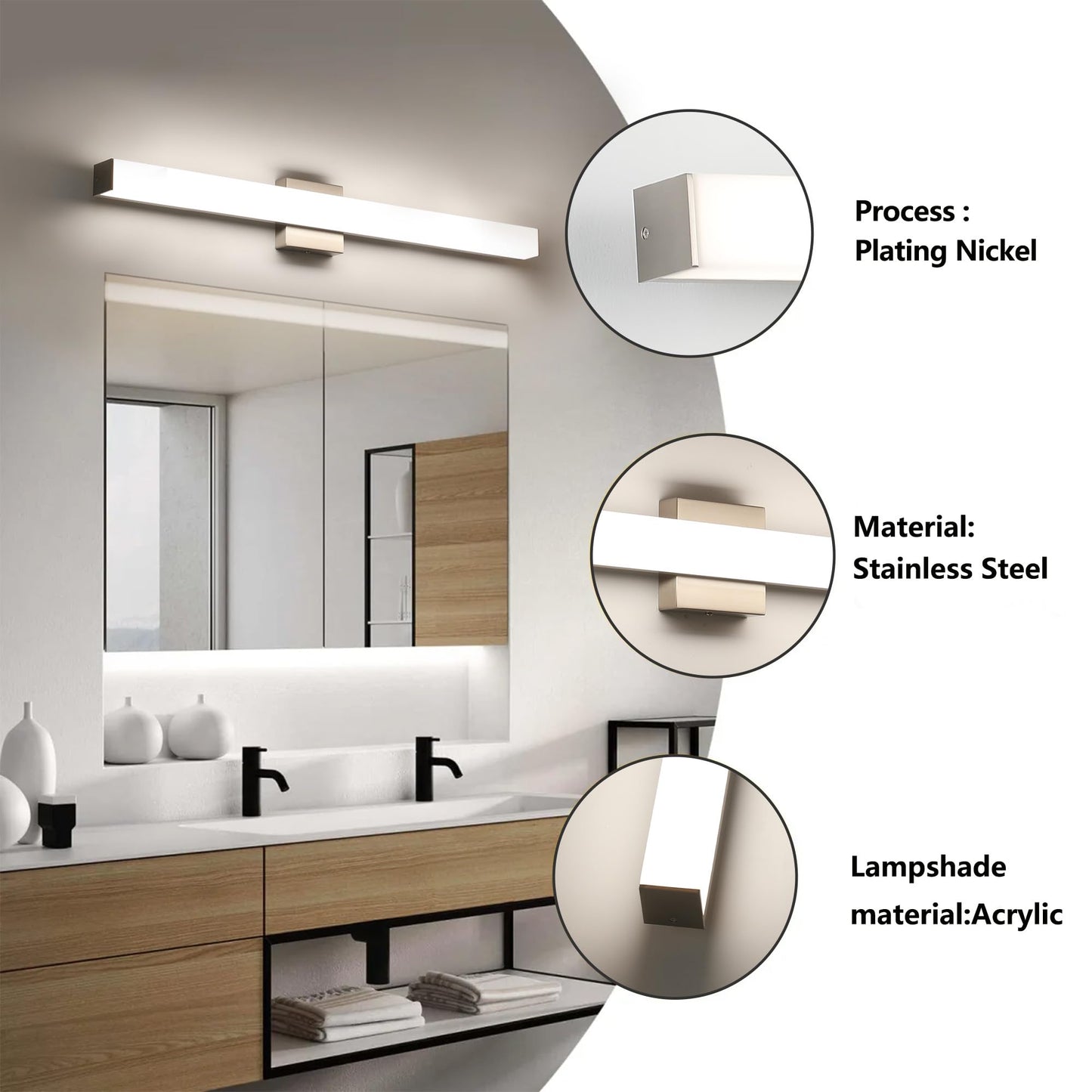 YHTlaeh Bathroom Vanity Light 31.5in Brushed Nickel Dimmable LED 24W 4000K Wall Bar Fixture Model 7610