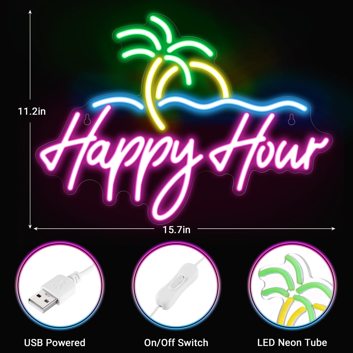 Kavaas Happy Hour Neon Sign 15.7 X 11.2  Palm Tree Neon Bar Signs For Home Bar Man Cave Club Pub Party - Best Gifts For Husband  Father  Birthday  Christmas