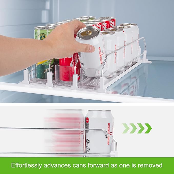 Drink Organizer for Fridge, Refrigerator Can Organizer, White Automatic Pusher Glide Drink Dispenser for Fridge, Soda Bottle holder for refrigerator, Holds up to 15 Cans, 3 Row