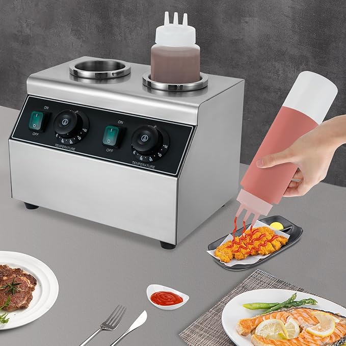 Electric Sauce Bottle Warmer 0.72x2Qt Commercial Electric Sauce Warmer 400W Hot Chocolate Warmer 86-176°F Sauce Warmer Dispenser Double Bottles Cheese Warmer for Home Restaurant