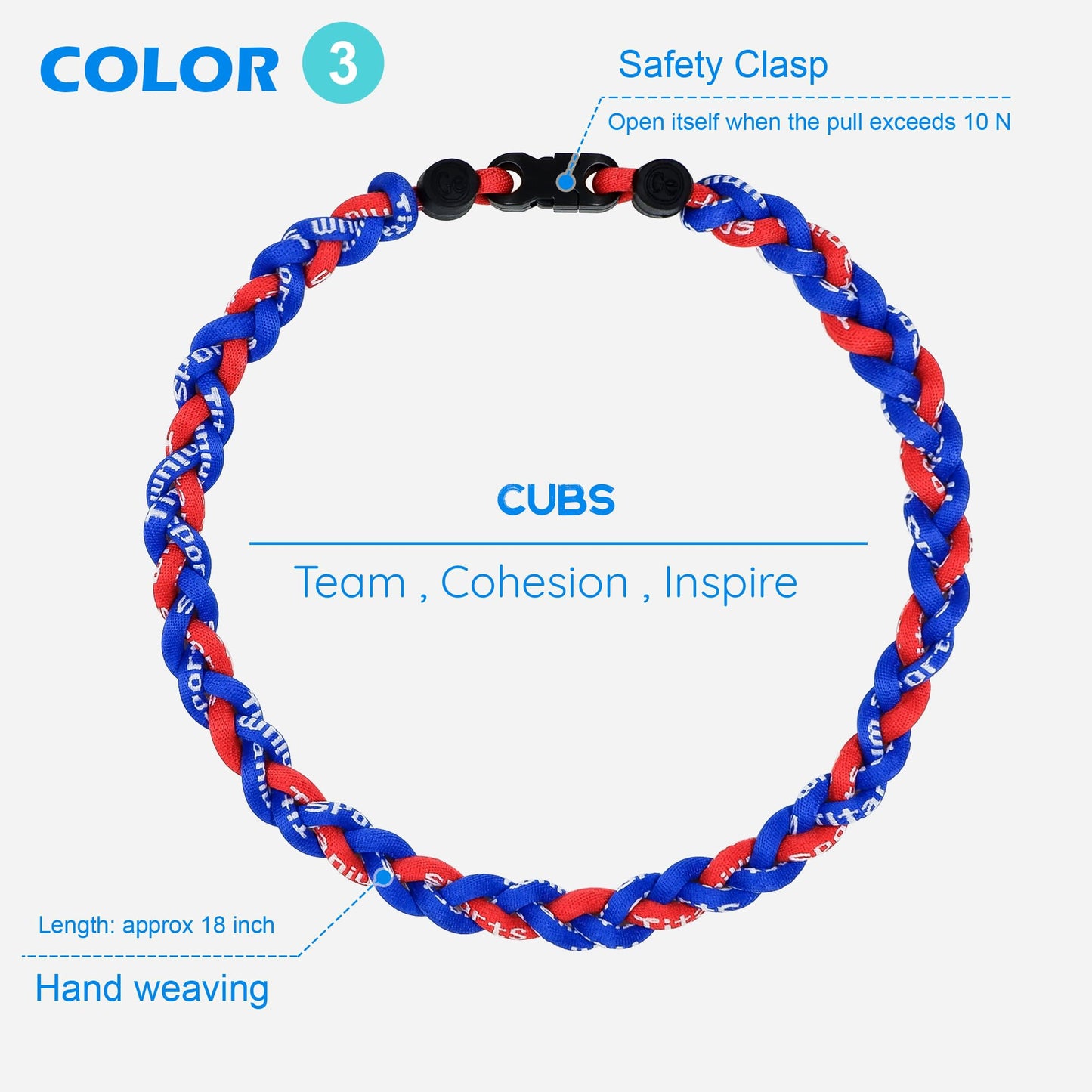 SUPBOMM 3 pcs Baseball Rope Necklaces, League Team Colors Braided Necklace, Baseball Team Gifts, Cubs