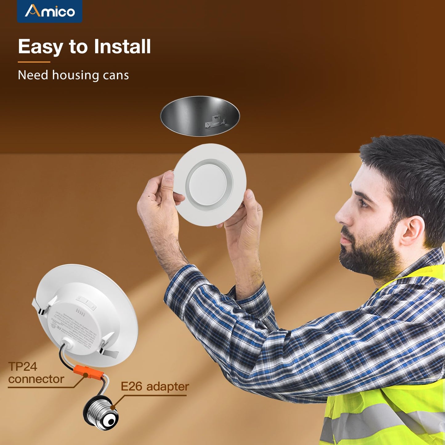 Amico 12 Pack 4 inch 5CCT LED Recessed Lighting with Night Light, 8W=60W, 700LM Can Lights with Baffle Trim, Dimmable, Retrofit Downlight, 2700K/3000K/3500K/4000K/5000K Selectable - ETL & FCC