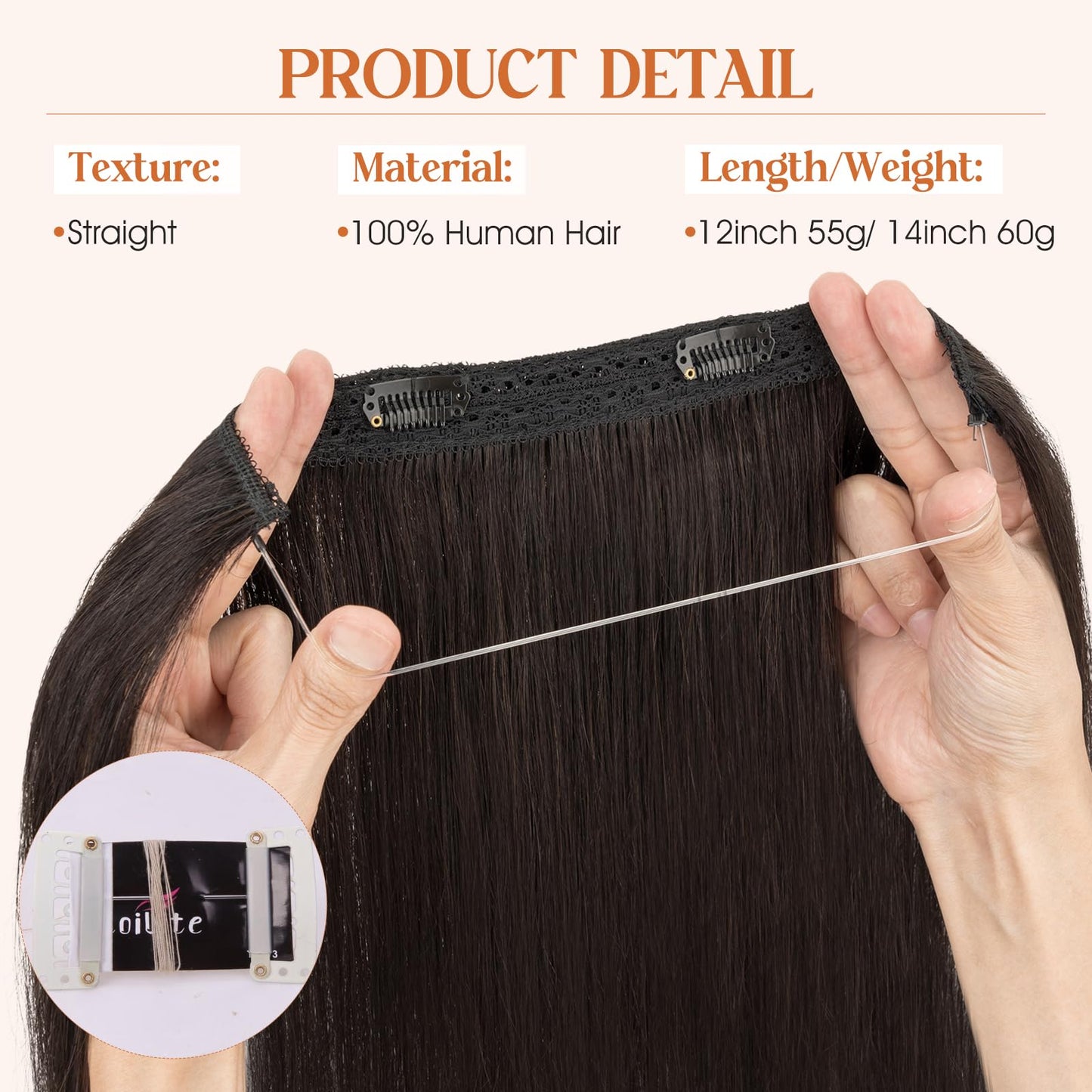 S-noilite Halo Hair Extensions Real Human Hair 14inch Short Straight Halo Extensions for Women Adjustable Natural Black WireHair