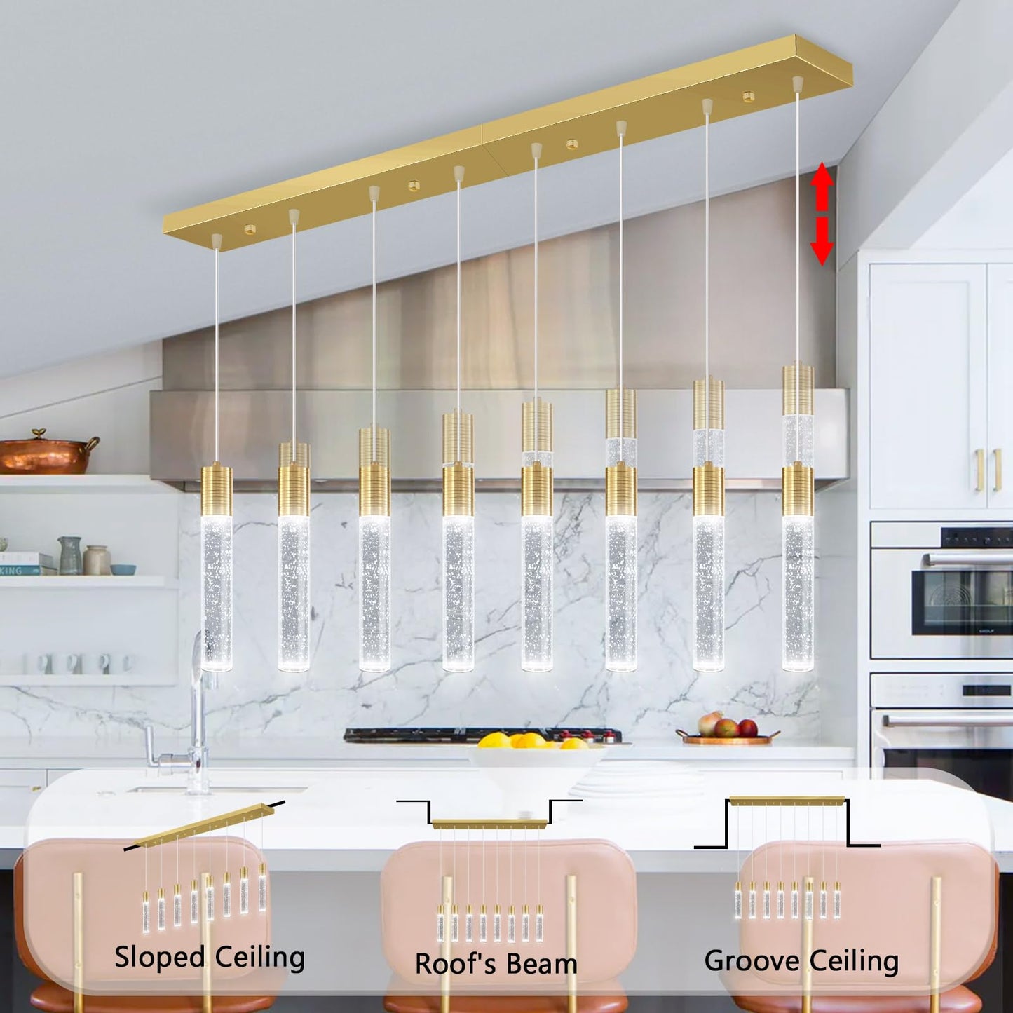 Dolria 8-Lights Modern Crystal Chandeliers For Kitchen Island Pendants Lighting Fixture For Dining Room Led Ceiling Light For Hallway Foyer 6000K Sliver