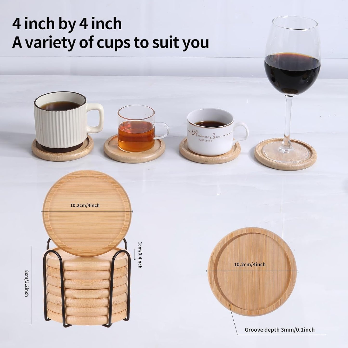 Bamboo 4 inch coaster [12pcs] Coasters with Holder - Drinking Coasters - Cup Mat for Drinks - Live for Hot or Cold Drink - Non-slip and non-stick,Suitable for Kinds Cups and Living Room Decor