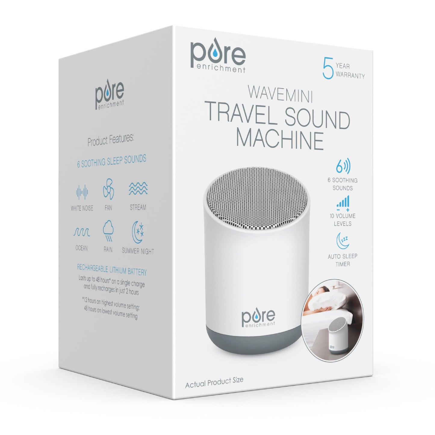 Pure Enrichment Wave Mini Travel Sound Machine - 6 Soothing Sounds Including White Noise, Seamless Loop Audio, Rechargeable Battery, 48 Hour Run Time, Optional Timer, and Storage Bag