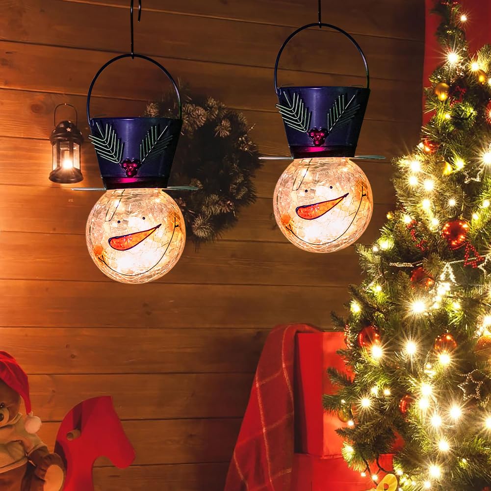 Starsoul 2 Pack Snowman Solar Lanterns  Christmas Outdoor Hanging Lantern Waterproof Decorative Snowman Lights Decor For Garden  Patio  Yard  Porch  Xmas Holiday Party Decor (Small Leaves)