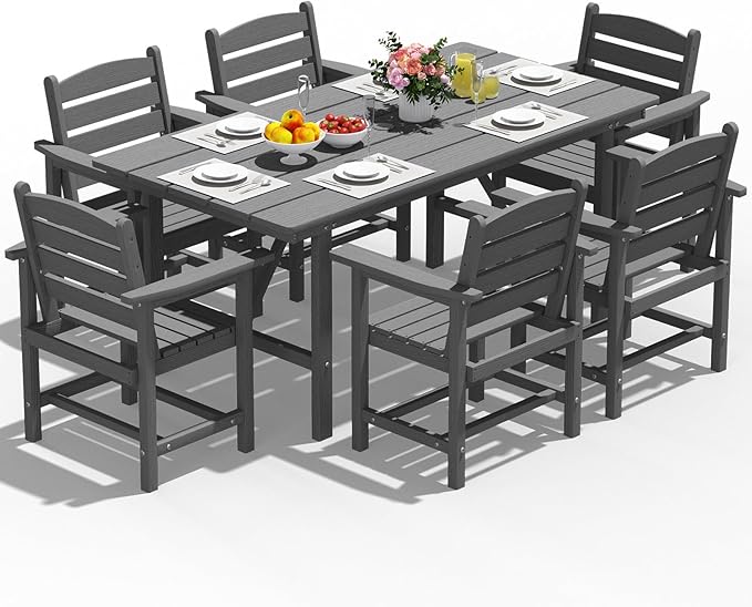 Patio Dining Set for 6 with Umbrella Hole - 66" Outdoor Table & 6 Chairs, All-Weather HDPE Outdoor Furniture for Lawn, Garden, Backyard, Poolside, Gray