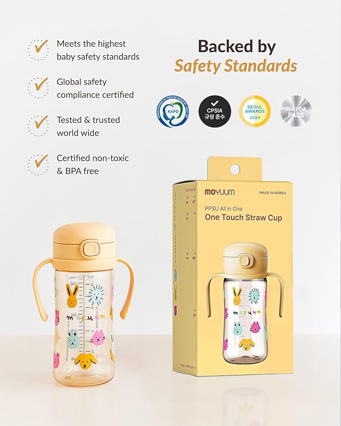 MOYUUM Leak Proof Sippy Cup with Handle | Made in Korea, 100% BPA Free PPSU, Magic No Spill Straw Cup with Attached Flip Top Lid, Easy to Hold for Babies and Toddlers, 6oz Gray