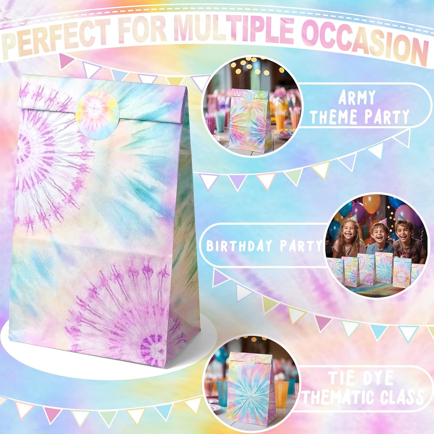 Tie Dye Party Favor Bags – 24 Pcs Pastel Gift Bags with 4 Designs, Paper Goodie for Birthday Party, Hippie Theme Decorations and Supplies