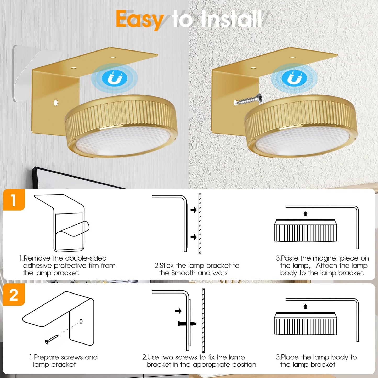 SIXDEFLY RGB Magnetic Suction Spotlight - Battery-Powered, Wireless, Remote Control - 3 Pack Gold