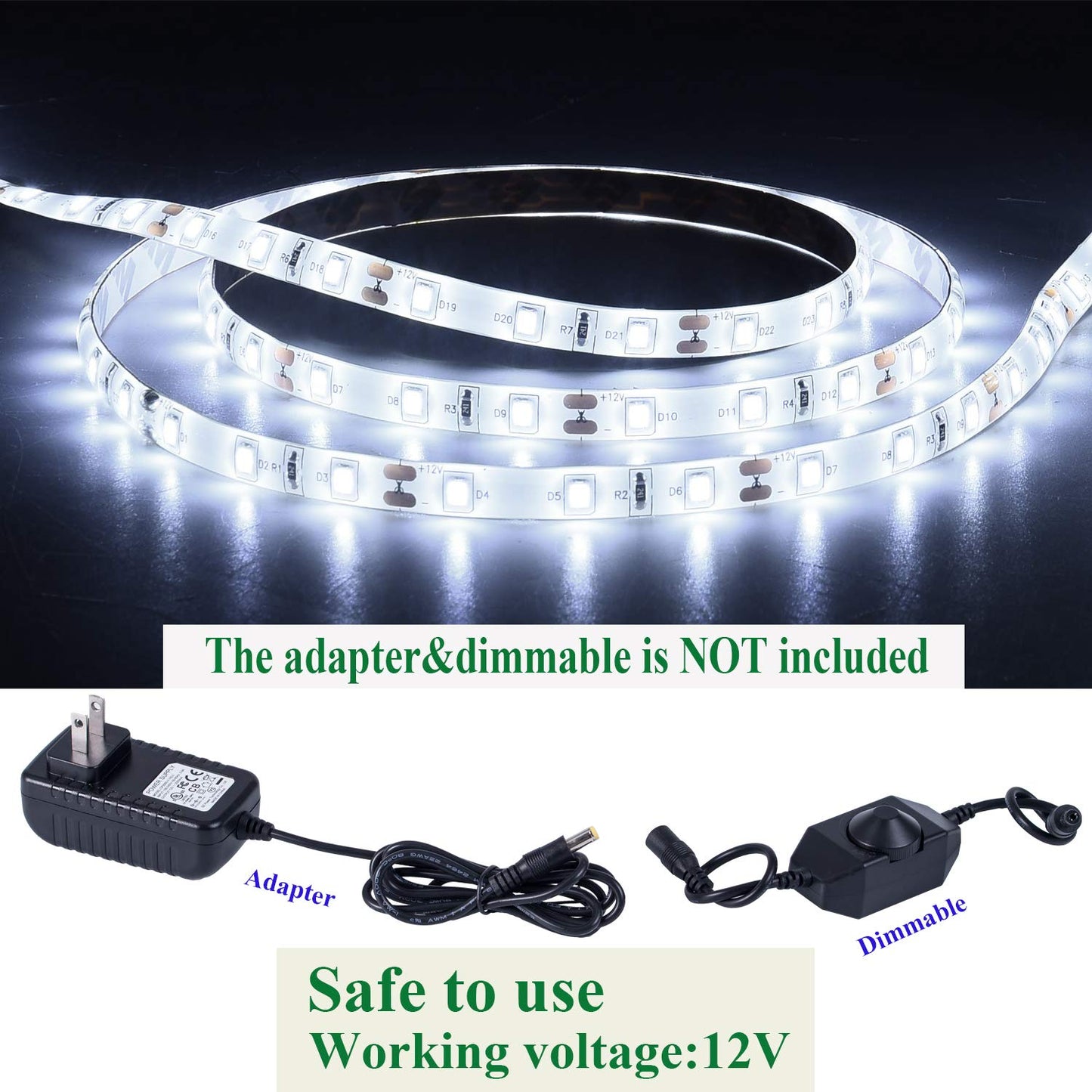 Junwen 16.4Ft White Led Strip Lights  12V Waterproof Led Strip Lights Flexible Light Strip Indoor For Bedroom  Kitchen  Bathroom(Not Included Power)
