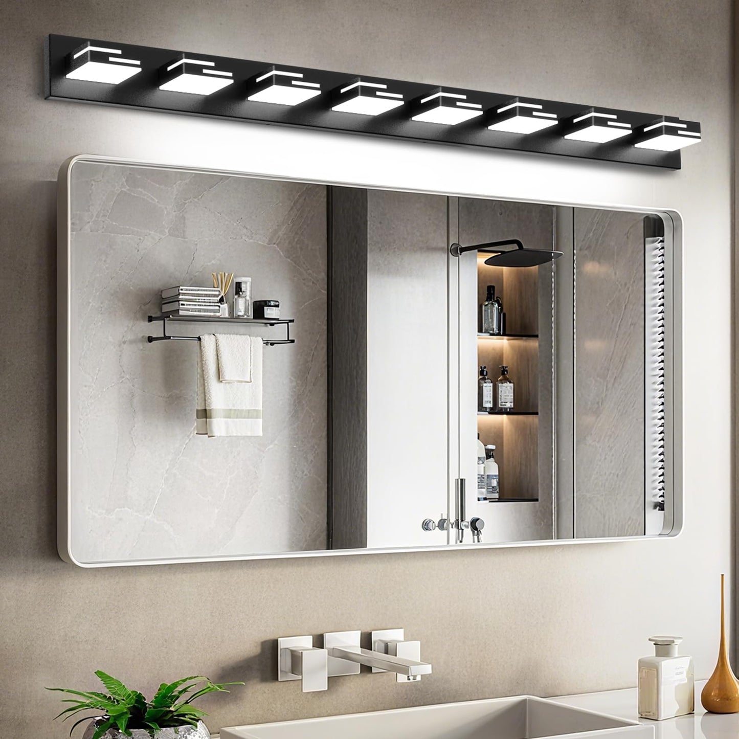 Led Modern Bathroom Vanity Light Fixtures 8-Light 5Cct Dimmable Matte Black Vanity Lights For Bathroom Lighting Fixtures Over Mirror  With 350?Rotatable Acrylic Heads  55-Inch