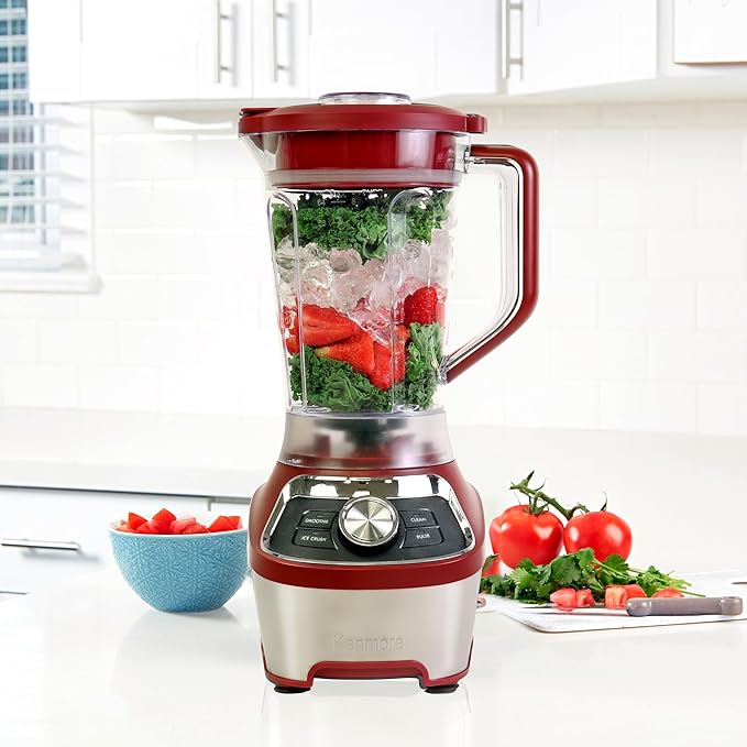 Kenmore Countertop Blender – Electric Mixer for Smoothies, Ice Crush & Pulse Function, Heavy Duty Plastic Pitcher, Kitchen Appliance, Dishwasher-Safe Jar, Red