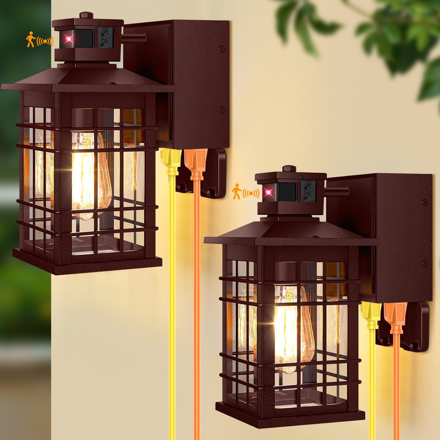 2-Pack Porch Light With Gfci Outlets  Brown Motion Sensor Dusk To Dawn Outdoor Wall Light Fixture  Waterproof Outside Wall Lantern Sconce 3 Lighting Modes  Exterior Wall Light For Front Door House
