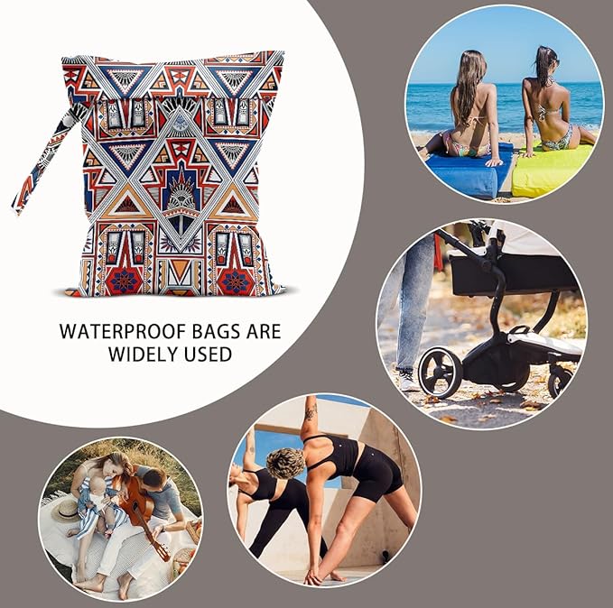 2Pcs Ethnic Print Wet Bags, Wet Dry Bag Reusable Zipper Pouch for Swimsuit, Diapers, Travel, Pool, Beach, Dirty Yoga Gym Clothes, Toiletries, Waterproof Birthday Christmas Gifts
