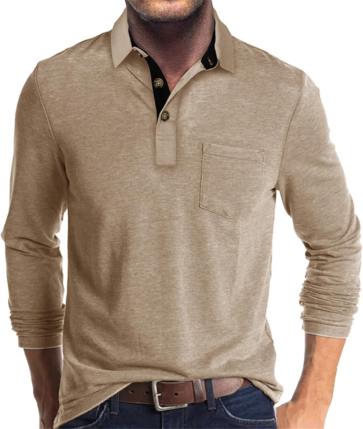 Mens Long Sleeve Polo Shirts Casual Moisture Wicking Golf Polo Shirts with Pocket