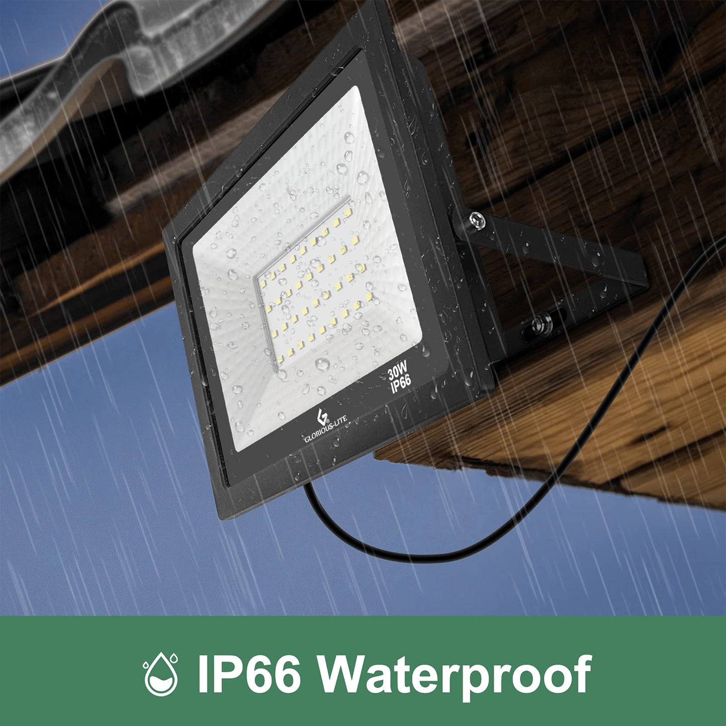 GLORIOUS-LITE 100W LED Flood Lights, 10000LM, 6000K Daylight White, IP66 Waterproof, Black, 2 Pack, Model ZSTGD-100