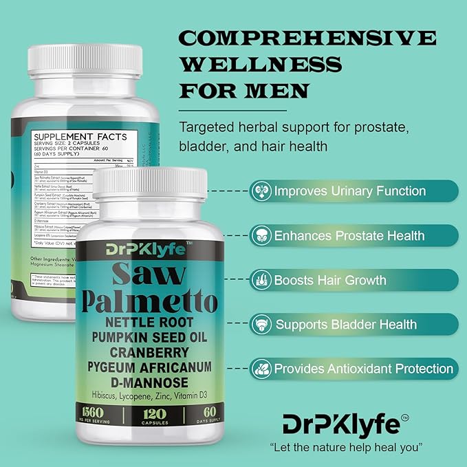 Saw Palmetto Capsules for Prostate, Bladder & Hair Health – Includes Nettle Root, Pumpkin Seed, Cranberry, D-Mannose, Pygeum, Hibiscus – 120 Capsules (60-Day Supply)